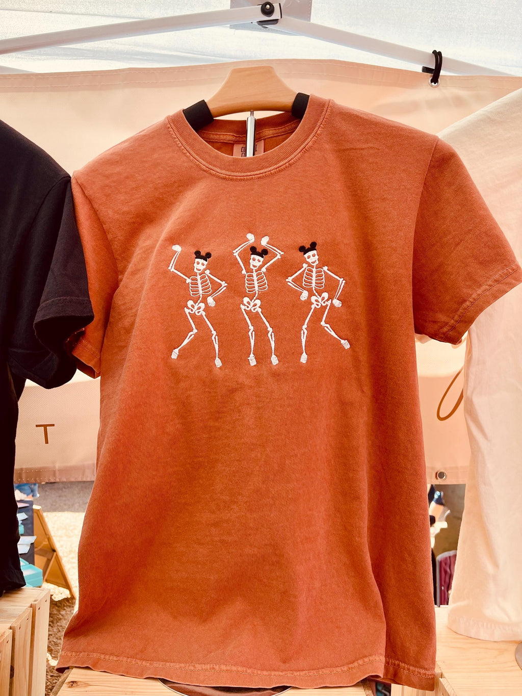 Dancing Skeletons Wearing Mouse Ears machine embroidered tee
