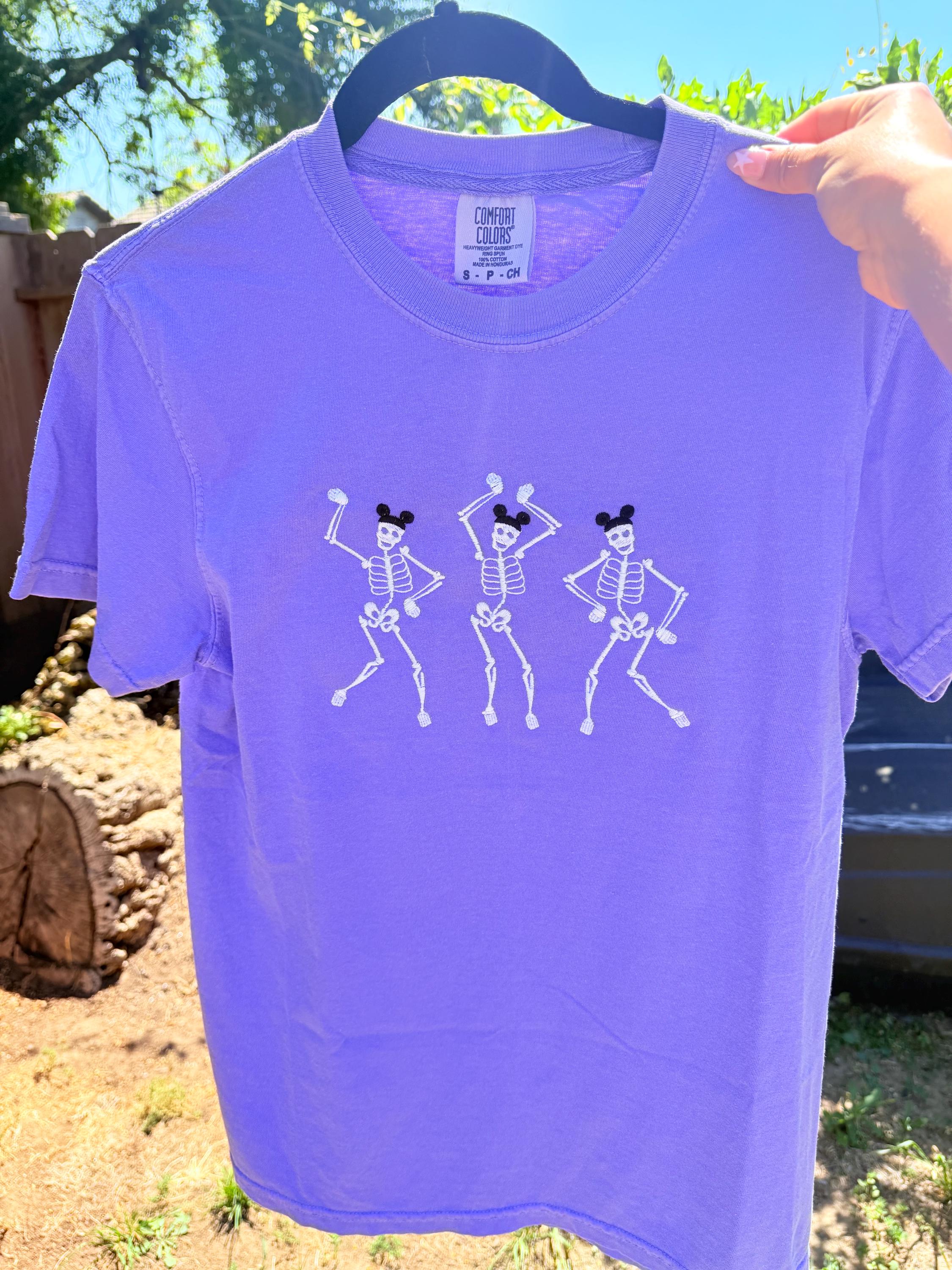 Dancing Skeletons Wearing Mouse Ears machine embroidered tee