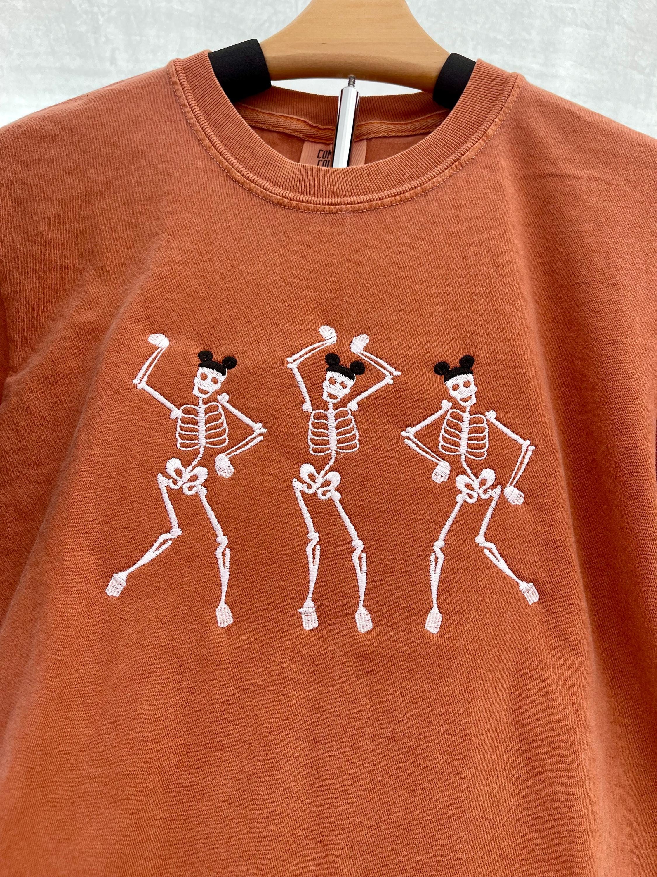 Dancing Skeletons Wearing Mouse Ears machine embroidered tee