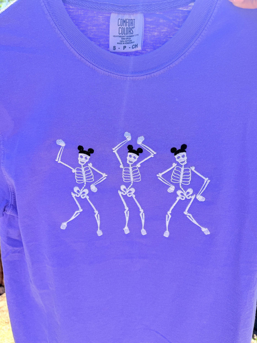 Dancing Skeletons Wearing Mouse Ears machine embroidered tee