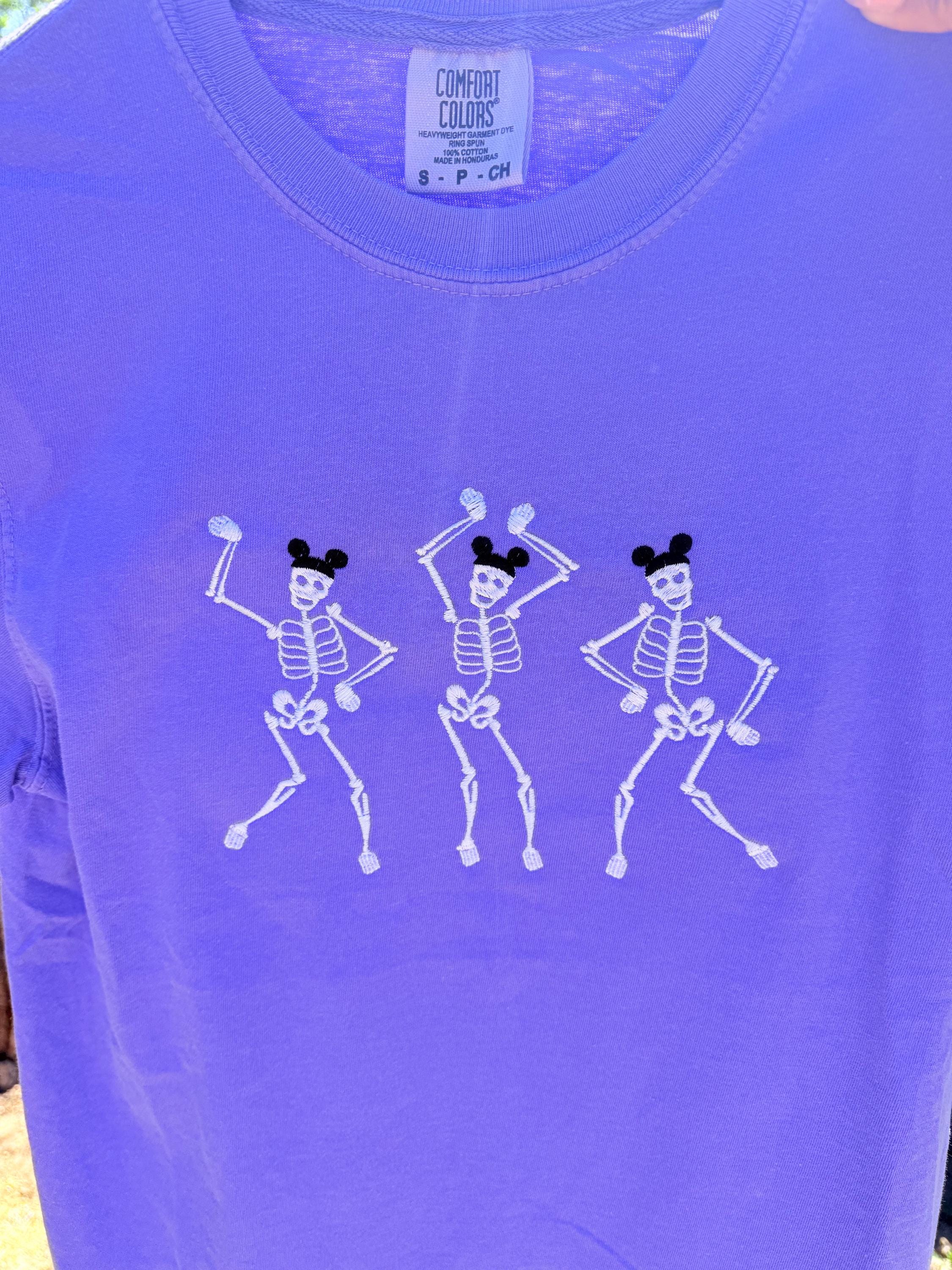 Dancing Skeletons Wearing Mouse Ears machine embroidered tee